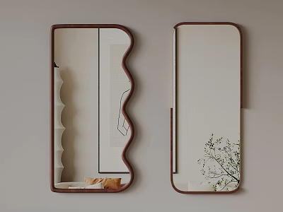 Two Decorative Wall Mirrors With Wooden Frames And Wavy Edges Reflecting Plants 3d model