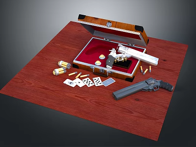 Open Wooden Case With Red Lining White Gun Bullets Playing Cards Dice And Black Revolver 3d model
