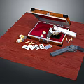 Open Wooden Case With Red Lining White Gun Bullets Playing Cards Dice And Black Revolver