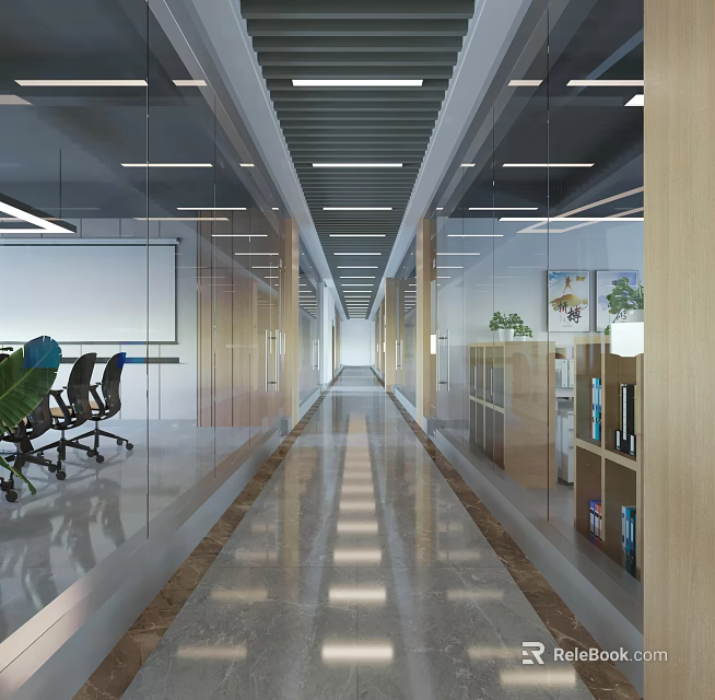 Modern Office Corridor With Glass Partitions Sleek Floor And Office Chairs 3d model 