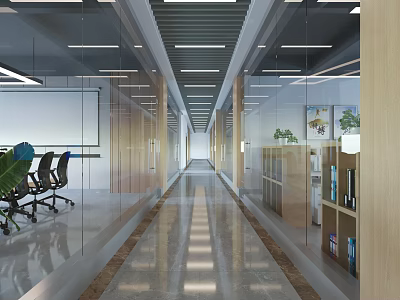 Modern Office Corridor With Glass Partitions Sleek Floor And Office Chairs 3d model