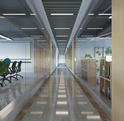 Modern Office Corridor With Glass Partitions Sleek Floor And Office Chairs 3d model