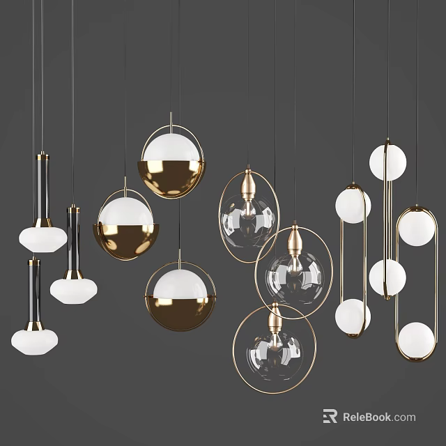 Modern Elegant Pendant Lights With Gold Frames Glass Globes And White Shades 3d model 