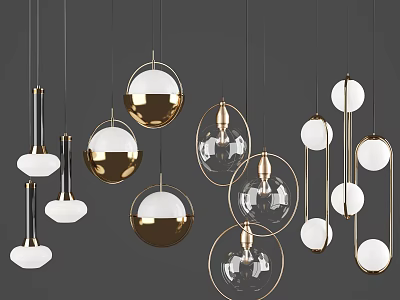 Modern Elegant Pendant Lights With Gold Frames Glass Globes And White Shades 3d model