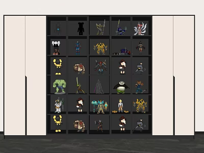 Modern Black Decorative Cabinet Displaying Diverse Toy Figurines on Multiple Shelves 3d model