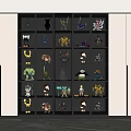 Modern Black Decorative Cabinet Displaying Diverse Toy Figurines on Multiple Shelves