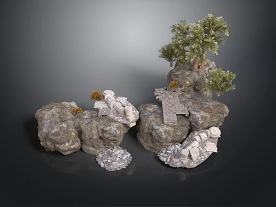Natural Rockery Landscape With Rocks Trees Stone Blocks And Gravel 3d model