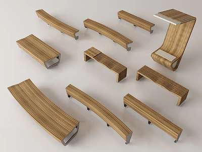 Outdoor Modern Wooden Landscape Seats Featuring Multiple Designs And Metal Support Frames 3d model