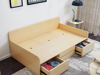 Light Wood Double Bed With Storage Drawers And Open Clothes Compartments In Modern Bedroom Interior 3d model
