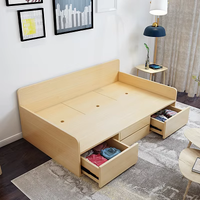 Light Wood Double Bed With Storage Drawers And Open Clothes Compartments In Modern Bedroom Interior 3d model
