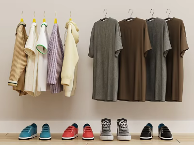 Different Styles Of Hanging Clothes With Various Shoes On The Floor 3d model Different Styles Of Hanging Clothes With Various Shoes On The Floor 3d model
