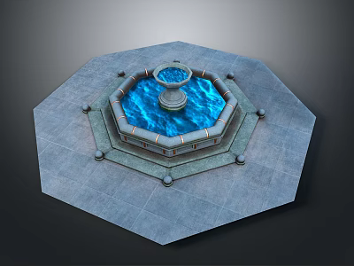 Octagonal Fountain Design With Blue Water Basin And Stone Decorative Platform 3d model