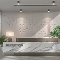 Gray Concrete Reception Desk With Engraved RECEPTION Sign Wooden Wall Panels And Green Plant