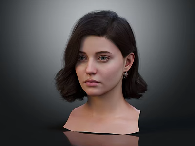Realistic Female Portrait With Short Dark Hair And Pearl Earrings On Dark Background 3d model