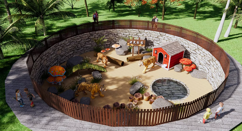Park Landscape Featuring Tigers Red Small House Pool Stones and Trees 3d model 