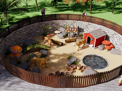 Park Landscape Featuring Tigers Red Small House Pool Stones and Trees 3d model