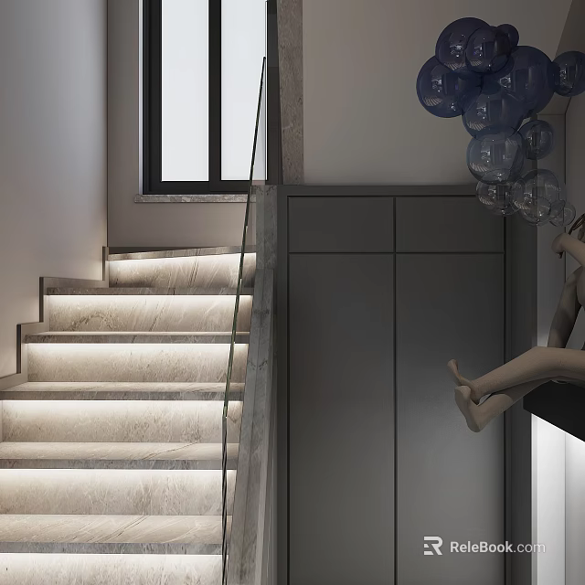Modern Gray Staircase Interior With Glass Railing Illuminated Steps And Blue Spherical Decorative Lights 3d model 