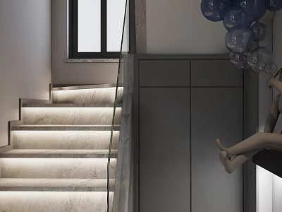 Modern Gray Staircase Interior With Glass Railing Illuminated Steps And Blue Spherical Decorative Lights 3d model