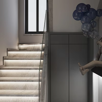 Modern Gray Staircase Interior With Glass Railing Illuminated Steps And Blue Spherical Decorative Lights 3d model