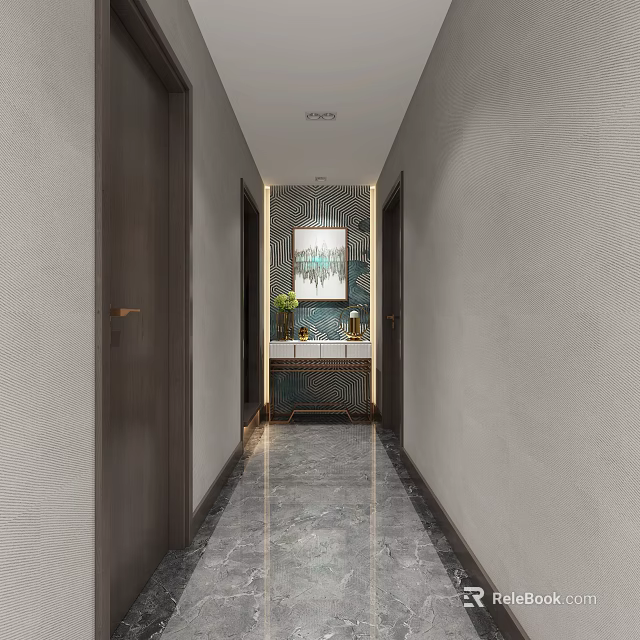 Modern Entryway Hallway With Textured Walls Decorative Painting Vase And Marble Floor Cabinet 3d model 