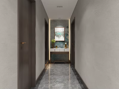 Modern Entryway Hallway With Textured Walls Decorative Painting Vase And Marble Floor Cabinet 3d model