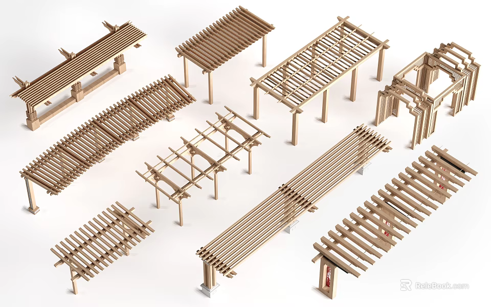 Various Wooden Pergola Models With Different Roof And Support Structures 3d model 