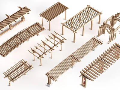 Various Wooden Pergola Models With Different Roof And Support Structures 3d model