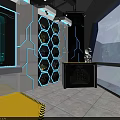 VR Virtual Experience Center Interior With Blue Lighting Hexagon Walls And Screens