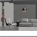 Modern Living Room Interior Featuring Light Leather Single Sofa Floor Lamp And Side Shelf