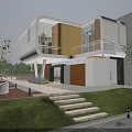 Modern Single Family House Exterior With White Yellow Facade Balcony Stairs And Lawn