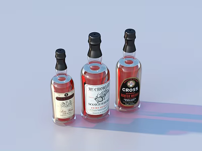 Three Glass Wine Bottles With Black Caps Transparent Design And Various Labels On Light Surface 3d model