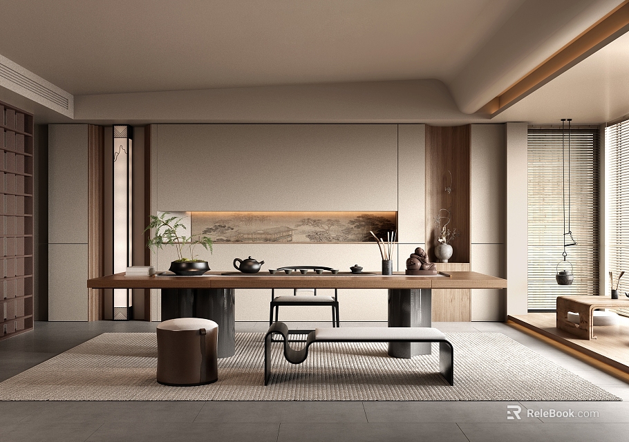 Serene Traditional Tea Room Interior With Wooden Tea Table And Ceramic Tea Sets 3d model 