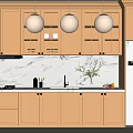 Beige Kitchen Interior With Marble Countertop Hanging Pendant Lights And Open Shelves