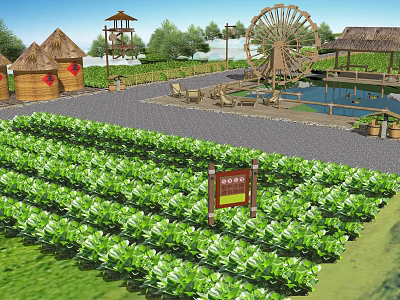 Scenic Rural Landscape With Lush Green Farmland Waterwheel Thatched Cottages And Pond 3d model