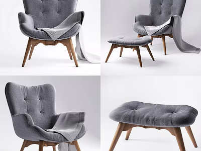 Modern Gray Fabric Lounge Chair With Wooden Legs Ottoman And Throw Blanket 3d model