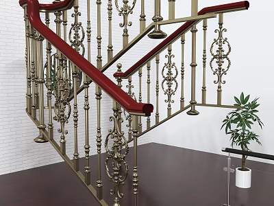 Elegant Staircase With Red Handrails Ornate Golden Balusters Dark Wooden Steps And Potted Green Plant 3d model