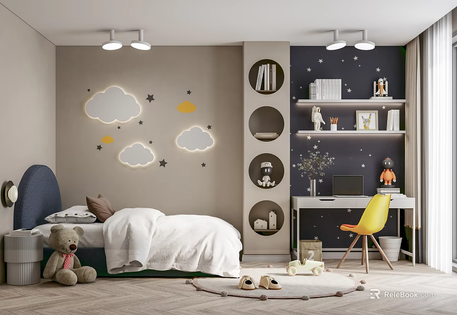 Children's Room With Cloud Star Wall Decor Gray Blue Walls Round Bookshelves Desk Yellow Chair 3d model 