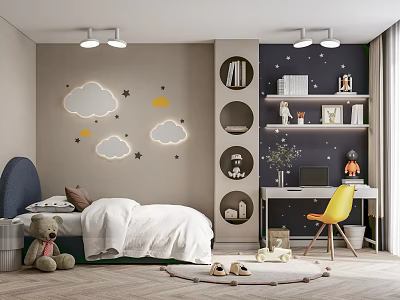 Children's Room With Cloud Star Wall Decor Gray Blue Walls Round Bookshelves Desk Yellow Chair 3d model