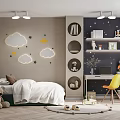 Children's Room With Cloud Star Wall Decor Gray Blue Walls Round Bookshelves Desk Yellow Chair