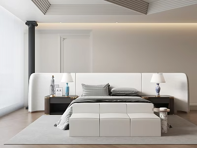 Modern White Double Bed with Sleek Headboard Flanking Nightstands Table Lamps Bright Bedroom Wooden Floor 3d model