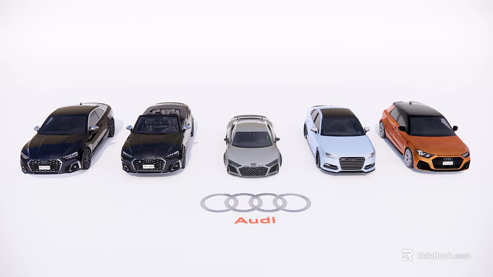 Audi Various Car Models Displayed With Brand Logo On White Background 3d model