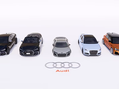 Audi Various Car Models Displayed With Brand Logo On White Background 3d model
