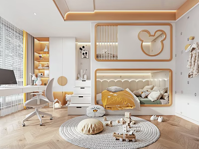 Modern Kids Room Interior With Bunk Bed Study Desk Toys And Mickey Mouse Decor 3d model