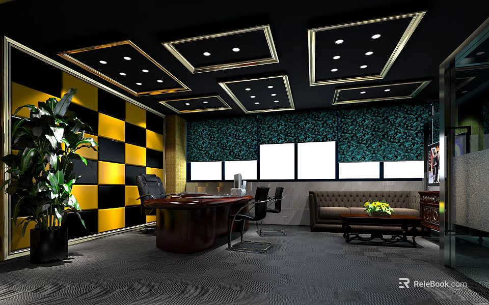 Office Interior With Black Gold Ceiling Yellow Black Checkered Walls Green Patterned Accent And Furniture 3d model 