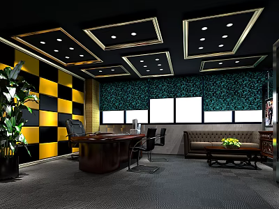 Office Interior With Black Gold Ceiling Yellow Black Checkered Walls Green Patterned Accent And Furniture 3d model
