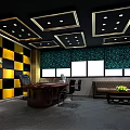 Office Interior With Black Gold Ceiling Yellow Black Checkered Walls Green Patterned Accent And Furniture