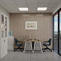 Office Interior Design With Wooden Walls White Ceiling Lights Framed Painting Desk And Blue Chairs