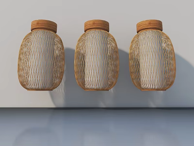 Swing Door With Bamboo Weave Lamps And Wooden Details For Modern Home Decor 3d model