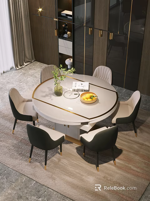 Elegant Round White Dining Table Set with Six Chairs Gold Trim Green Plant Fruit Bowl 3d model 