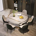 Elegant Round White Dining Table Set with Six Chairs Gold Trim Green Plant Fruit Bowl